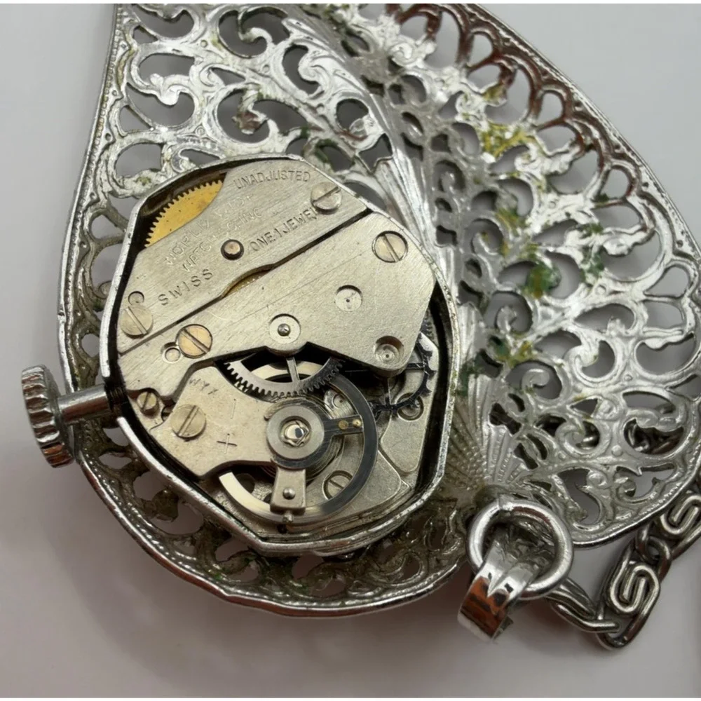 Heritage Swiss Pendant Watch Necklace Filigree Leaf Holder 1 Jewel Vintage